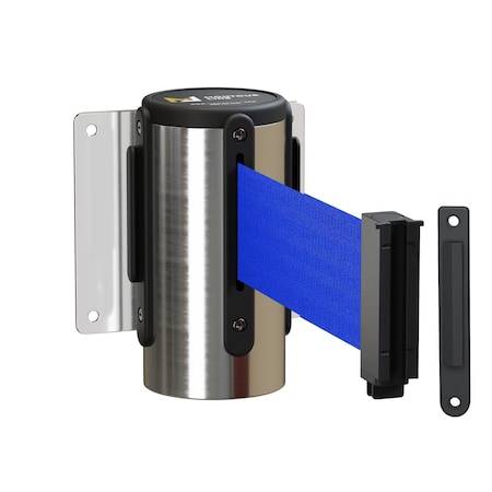 Montour Line Retr. Belt Barrier Wall Mnt Pol. Stainless Case Fxd, 8.5' Blue Belt MWM100-PS-BL-F-S-85
